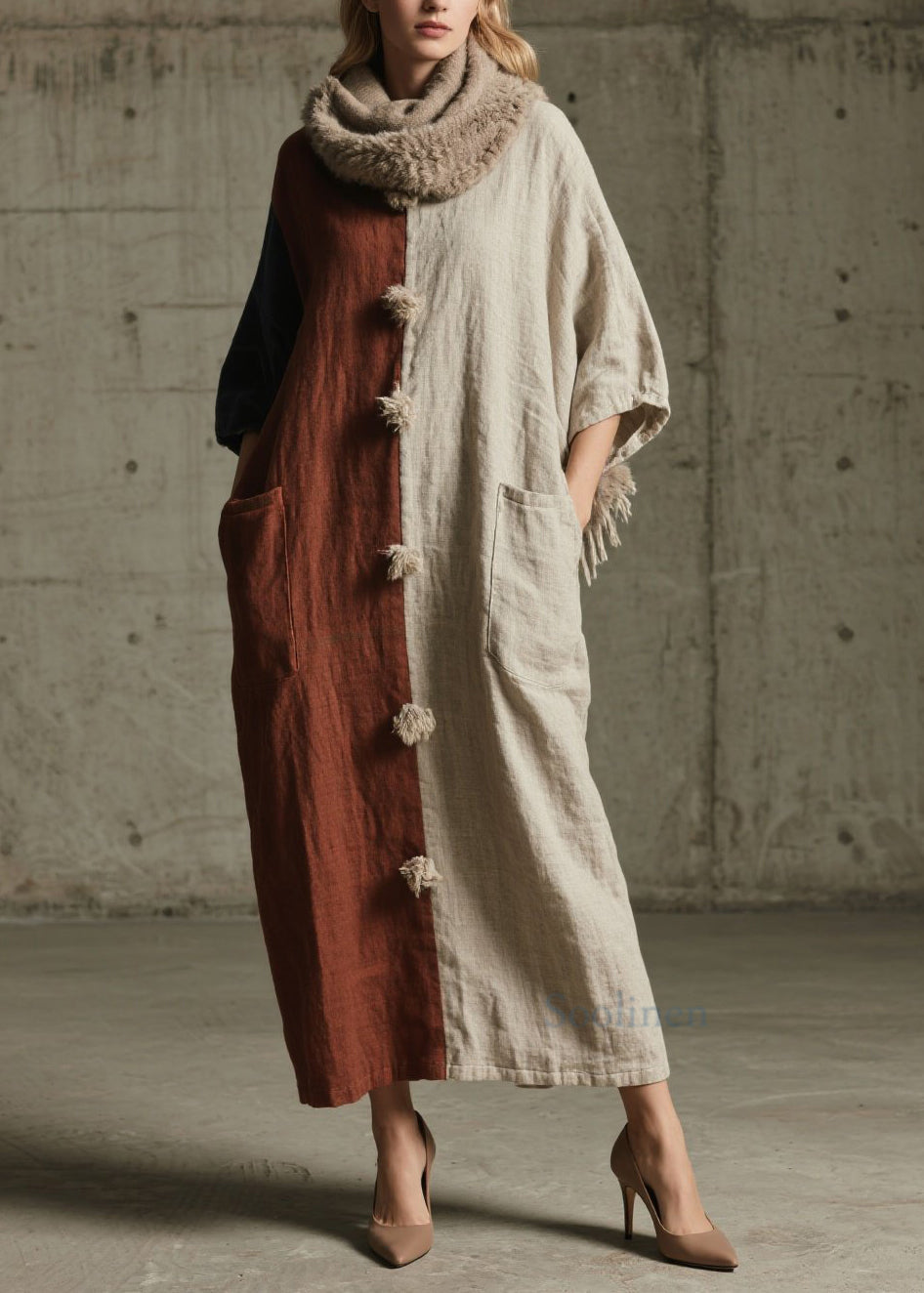 Colorblock Pockets Patchwork Cotton Ankle Dress Fall