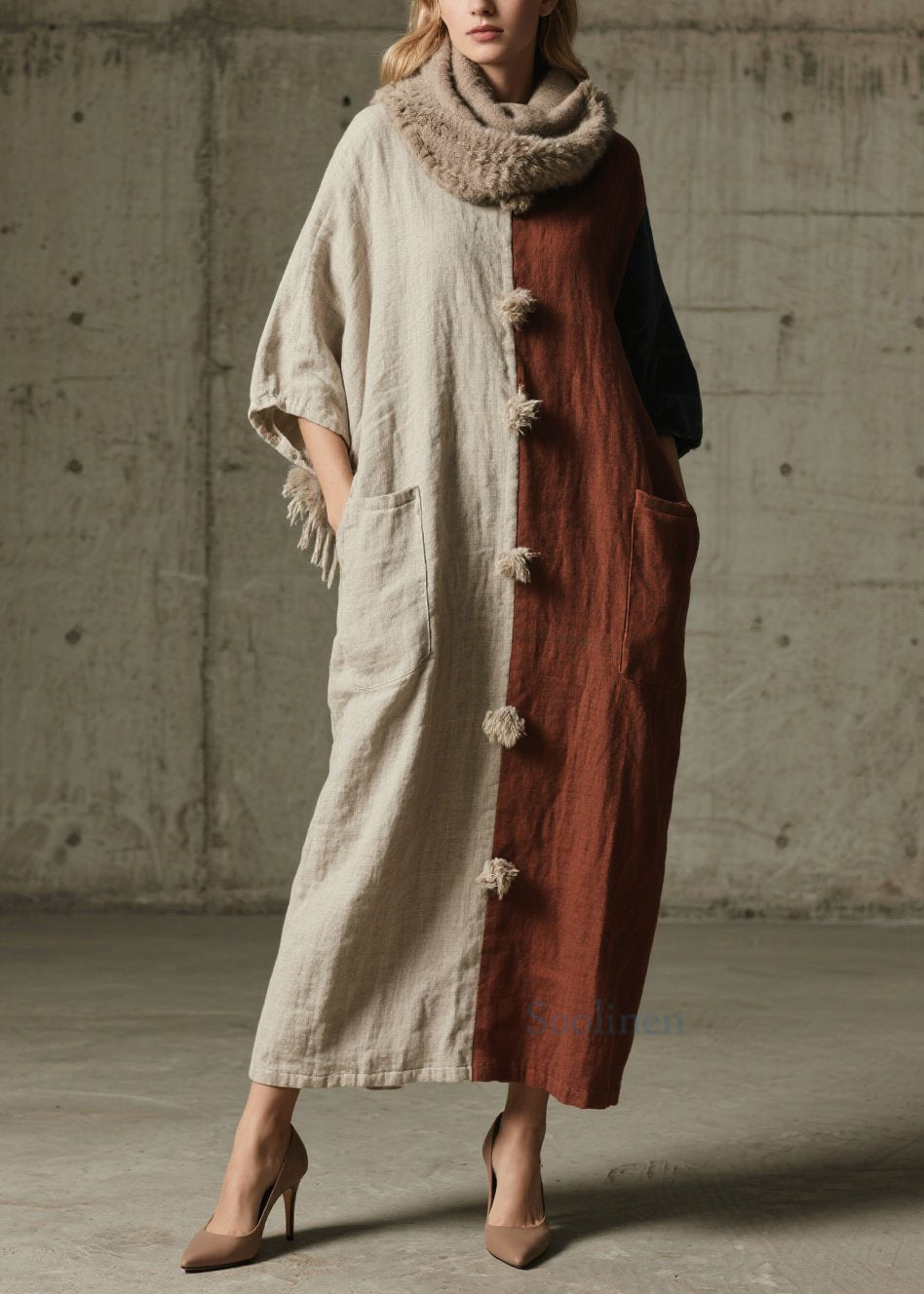 Colorblock Pockets Patchwork Cotton Ankle Dress Fall