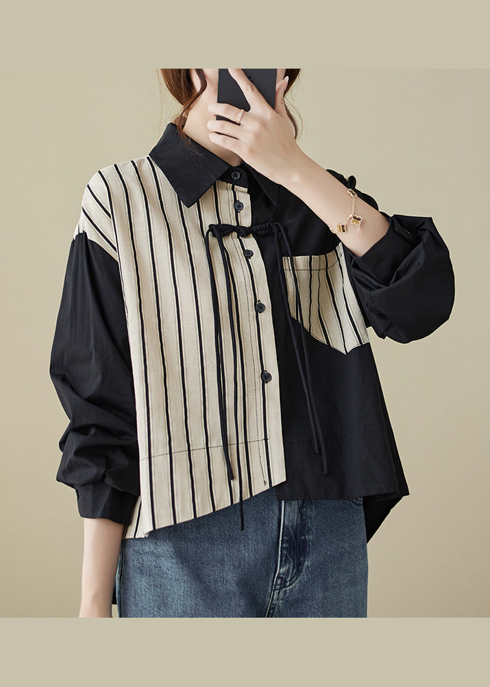Colorblock Striped Tasseled Patchwork Cotton Shirt Top Fall
