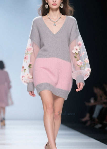 Colorblock Tulle Patchwork Knit Sweater Dress Fall