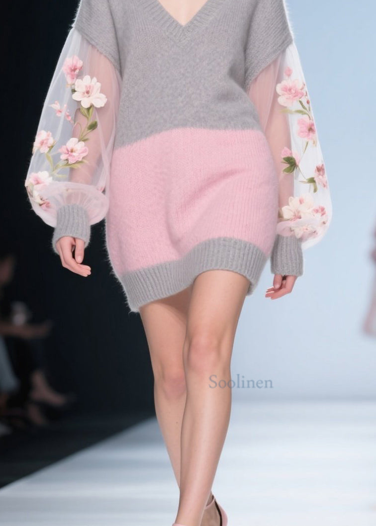 Colorblock Tulle Patchwork Knit Sweater Dress Fall