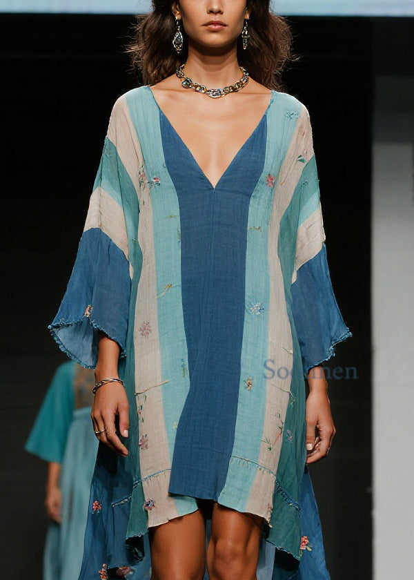 Colorblock V Neck Asymmetrical Cotton Dress Spring
