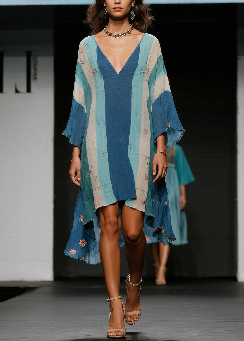 Colorblock V Neck Asymmetrical Cotton Dress Spring