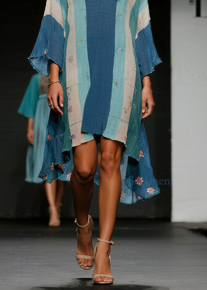 Colorblock V Neck Asymmetrical Cotton Dress Spring