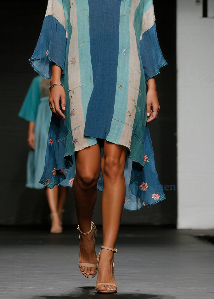 Colorblock V Neck Asymmetrical Cotton Dress Spring