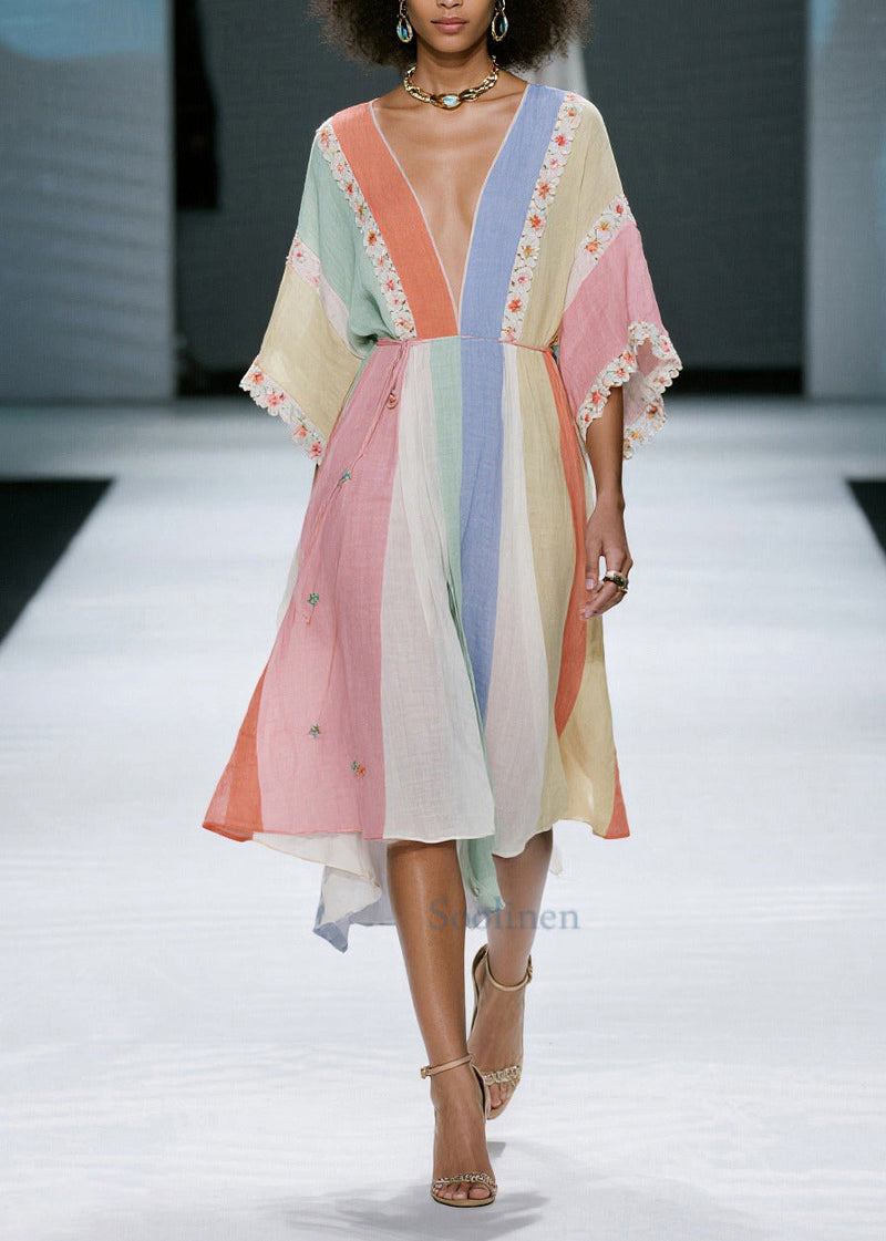 Colorblock V Neck Cotton Dress Summer