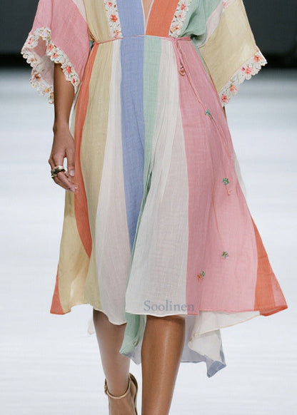 Colorblock V Neck Cotton Dress Summer