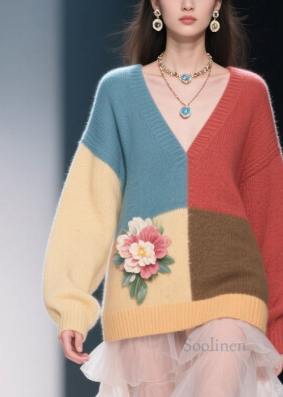 Colorblock V Neck Knit Sweater Dress Fall