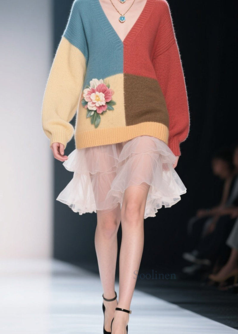 Colorblock V Neck Knit Sweater Dress Fall