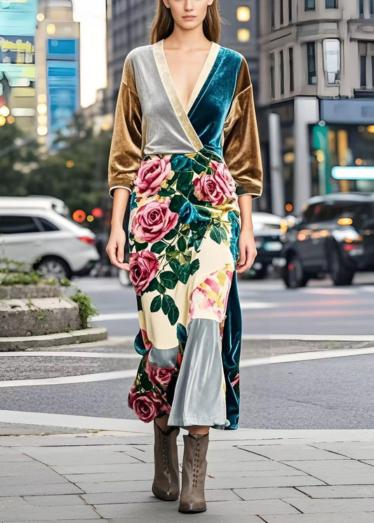 Colorblock V Neck Silk Velvet Dresses Bracelet Sleeve