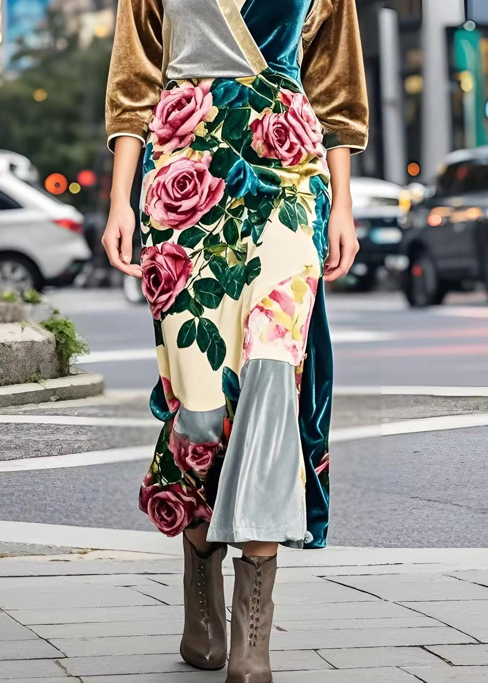 Colorblock V Neck Silk Velvet Dresses Bracelet Sleeve