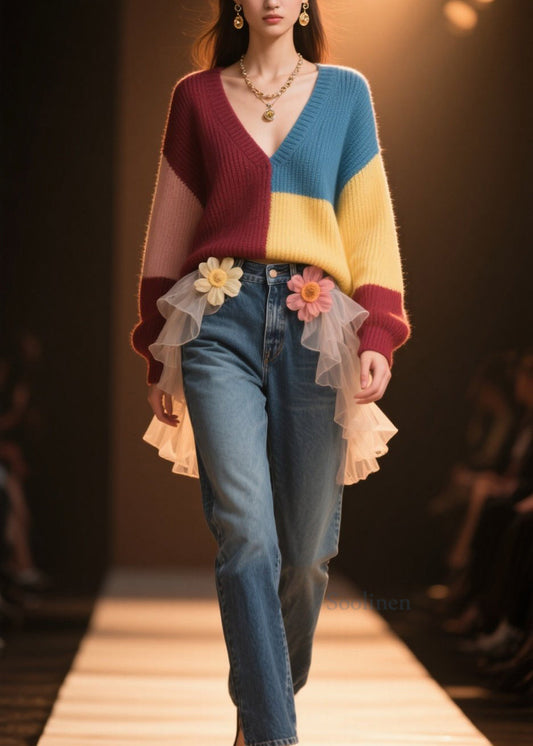 Colorblock V Neck Loose Knit Sweater Fall
