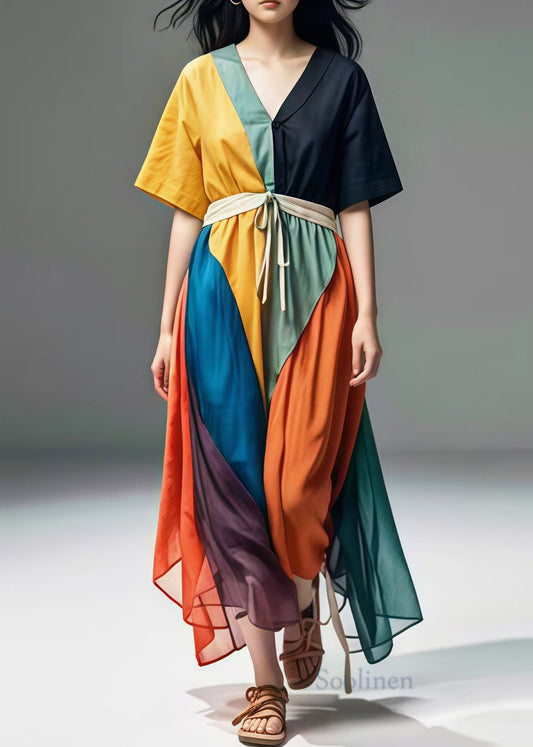 Colorblock V Neck Patchwork Cotton Maxi Dresses Summer