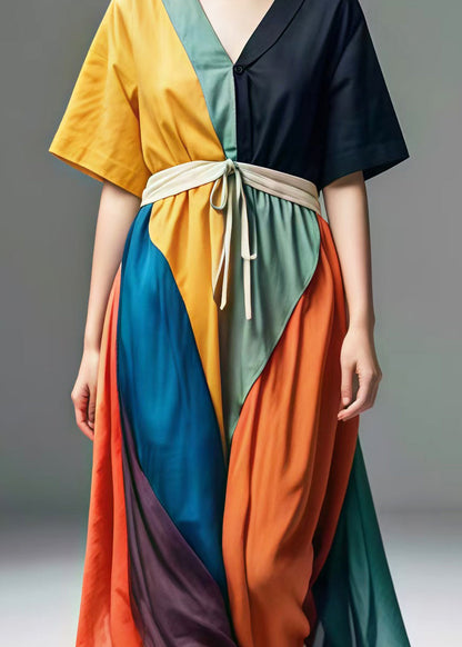Colorblock V Neck Patchwork Cotton Maxi Dresses Summer