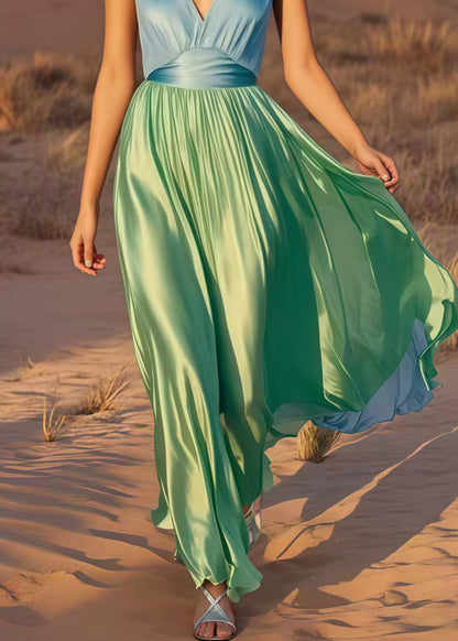 Colorblock V Neck Patchwork Draping Silk Maxi Dress Summer
