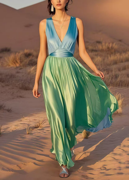 Colorblock V Neck Patchwork Draping Silk Maxi Dress Summer