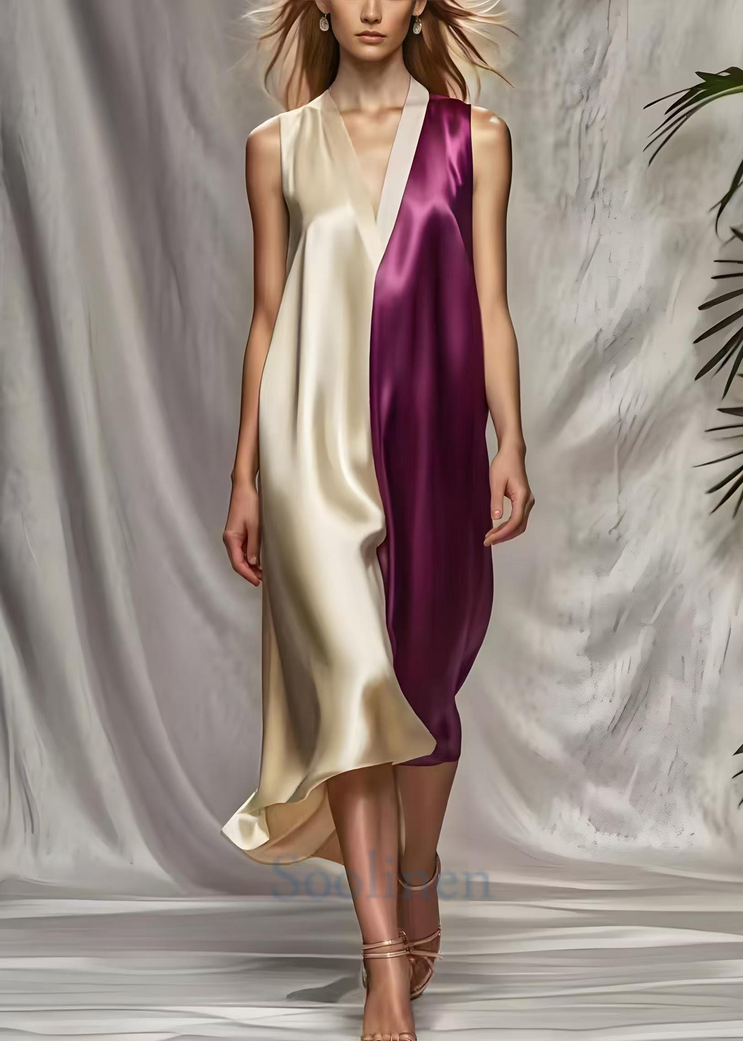Colorblock V Neck Patchwork Silk Beach Dress Summer
