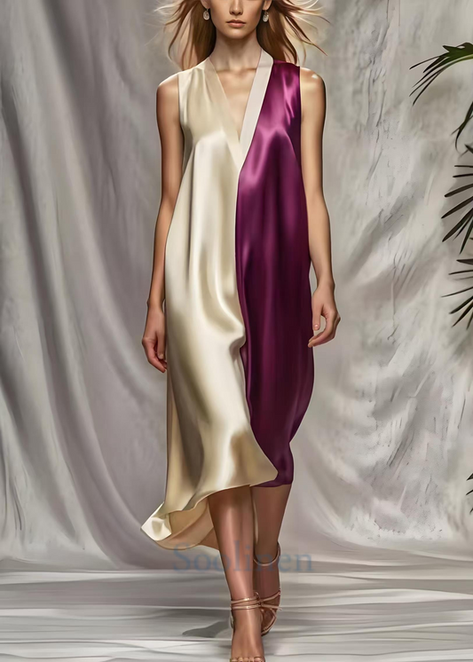 Colorblock V Neck Patchwork Silk Beach Dress Summer
