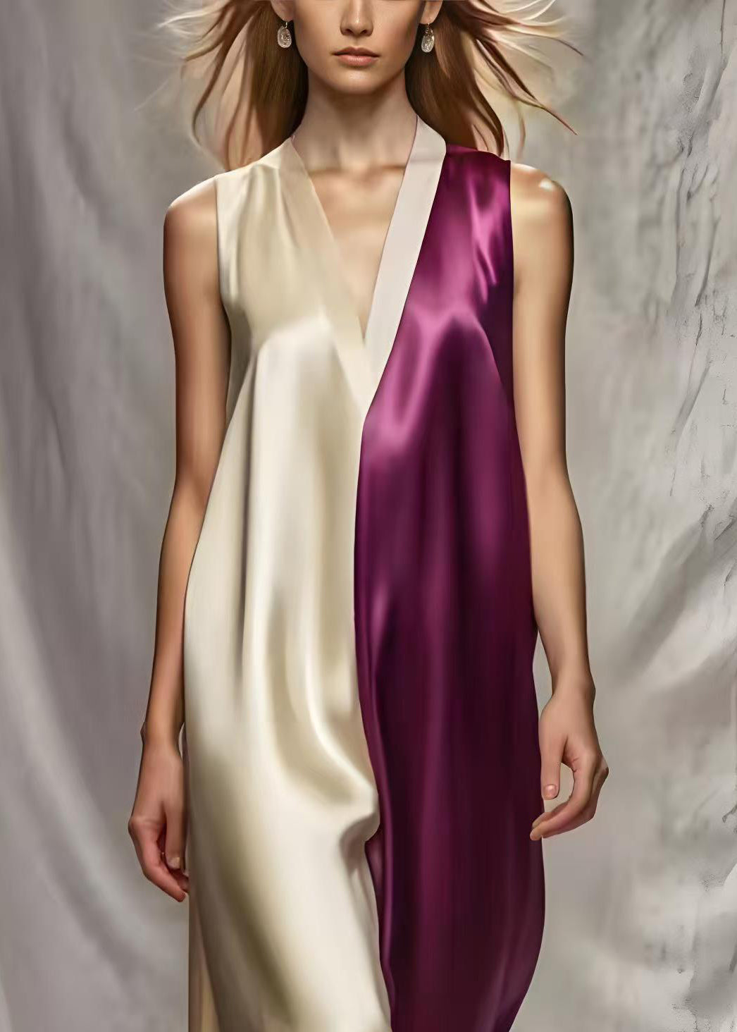 Colorblock V Neck Patchwork Silk Beach Dress Summer