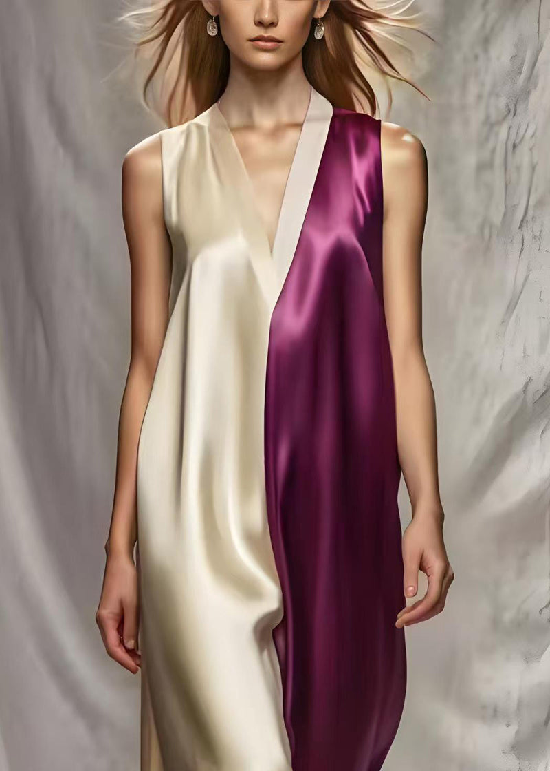 Colorblock V Neck Patchwork Silk Beach Dress Summer