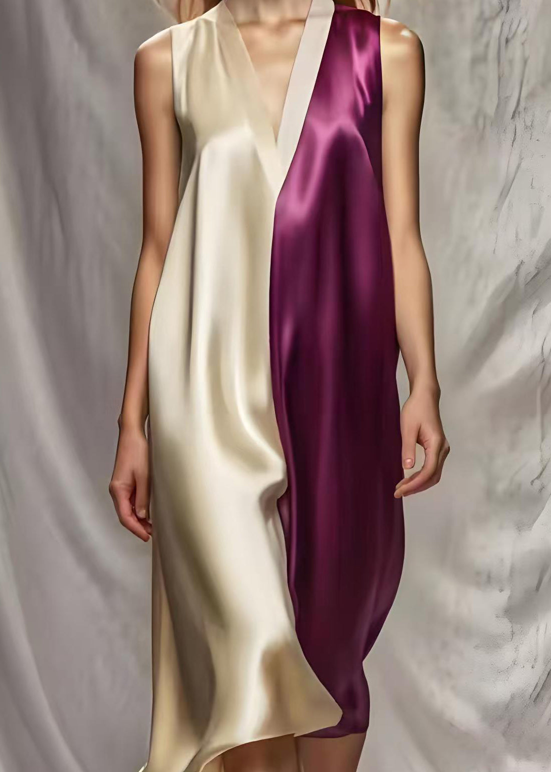 Colorblock V Neck Patchwork Silk Beach Dress Summer