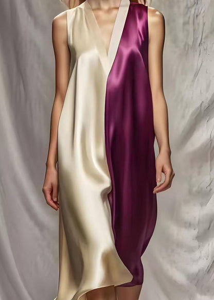 Colorblock V Neck Patchwork Silk Beach Dress Summer