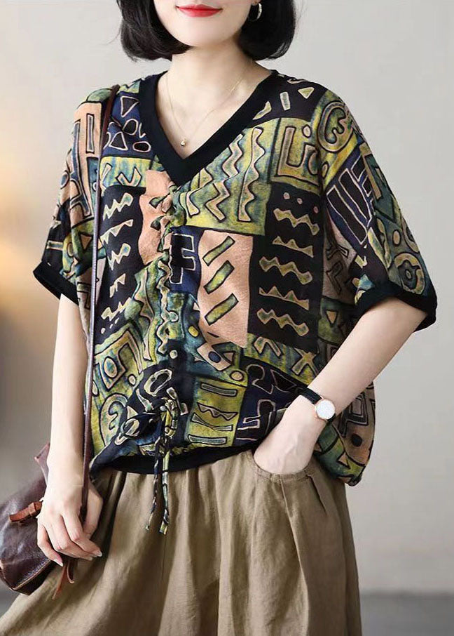 Colorblock V Neck Print Drawstring Cotton Shirt Tops Summer