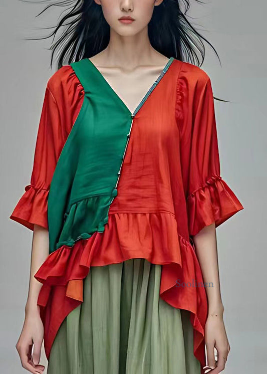 Colorblock Wrinkled Patchwork Shirt Half Sleeve