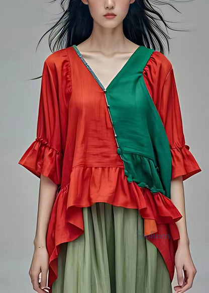 Colorblock Wrinkled Patchwork Shirt Half Sleeve