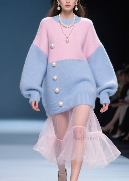 Colorblocko Neck Nail Bead Knit Sweater Tops Fall