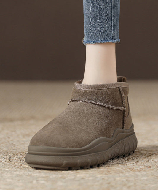 Comfy Gray Brown Platform Ankle Snow Boots Fuzzy Wool Lined