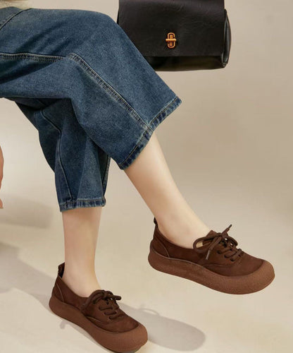 Comfy Green Cowhide Leather Flat Shoes Splicing Lace Up