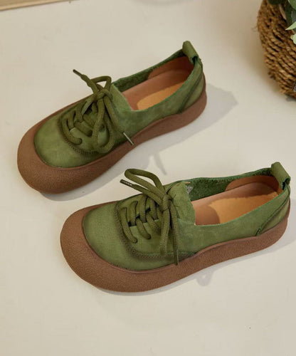 Comfy Green Cowhide Leather Flat Shoes Splicing Lace Up