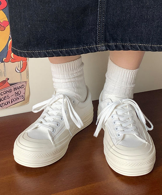 Comfy White Lace Up Splicing Canvas Flat Shoes