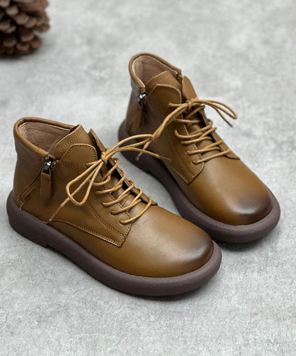 Cowhide Leather Boots Zippered Cross Strap Flat Boots