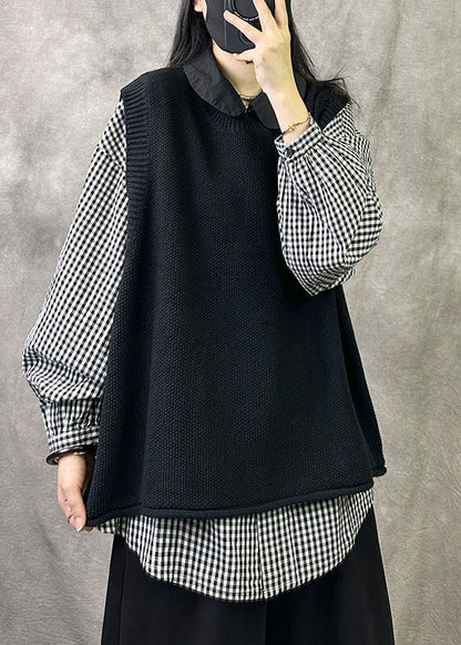 Cozy Black O Neck Knit Vest Tops Sleeveless