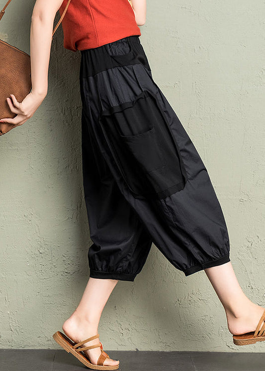 Cozy Black Pockets Patchwork Cotton Lantern Pants Summer