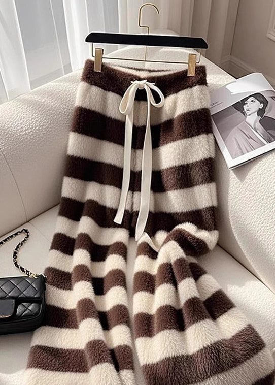 Cozy Coffee Striped Fuzzy Fur Pants Spring