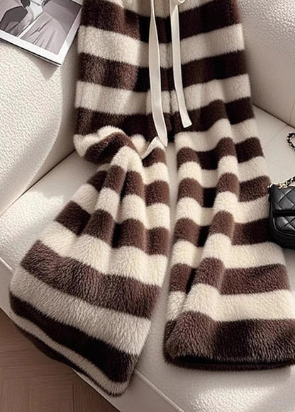 Cozy Coffee Striped Fuzzy Fur Pants Spring