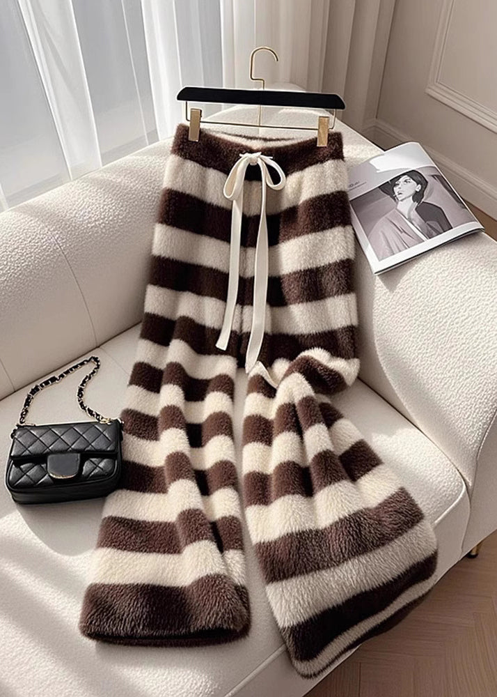 Cozy Coffee Striped Fuzzy Fur Pants Spring