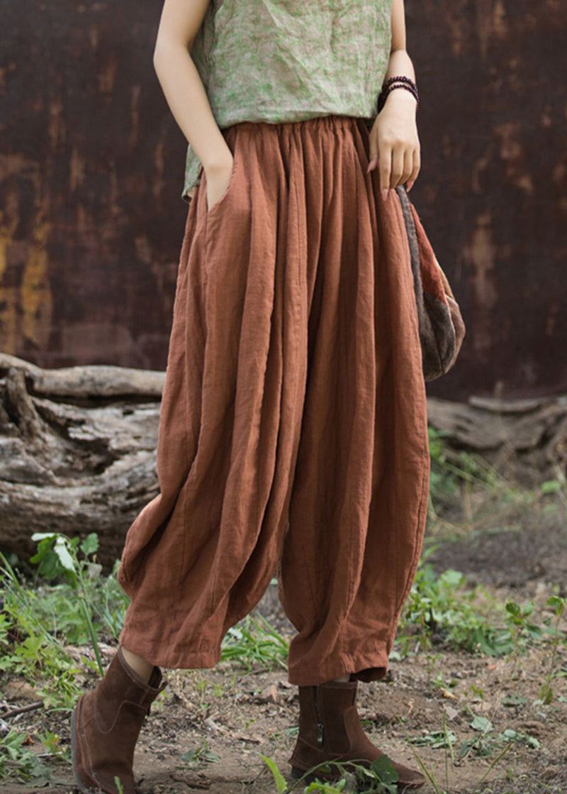 Cozy Linen Pockets Elastic Waist Cotton Crop Pants Summer