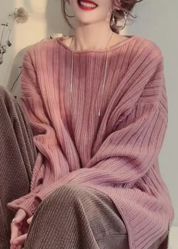 Cozy Pink O Neck Patchwork Knitted Tops Spring