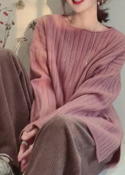 Cozy Pink O Neck Patchwork Knitted Tops Spring