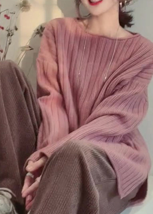Cozy Pink O Neck Patchwork Knitted Tops Spring