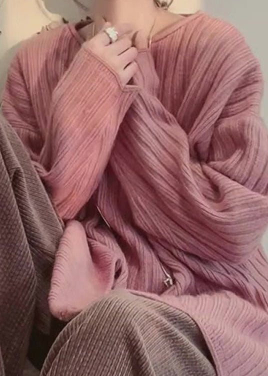 Cozy Pink O Neck Patchwork Knitted Tops Spring