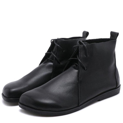 Cross Strap Boots Black Cowhide Leather Ankle Boots