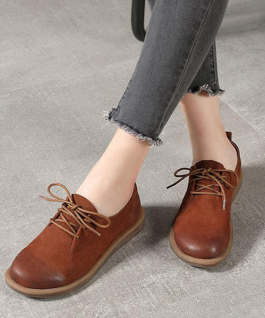 Cross Strap Flat Shoes Brown Cowhide Leather