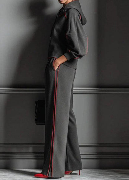 Dark Gray Hooded Striped Sweatshirts and Pants Cotton Two Pieces Set Spring