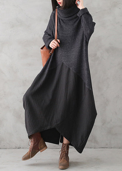 Dark Gray Turtleneck Button Linen Patchwork Knit Long Dress Fall