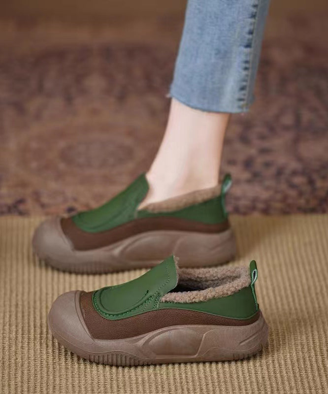 Dark Green Platform Penny Loafers Faux Leather Fuzzy Wool Lined